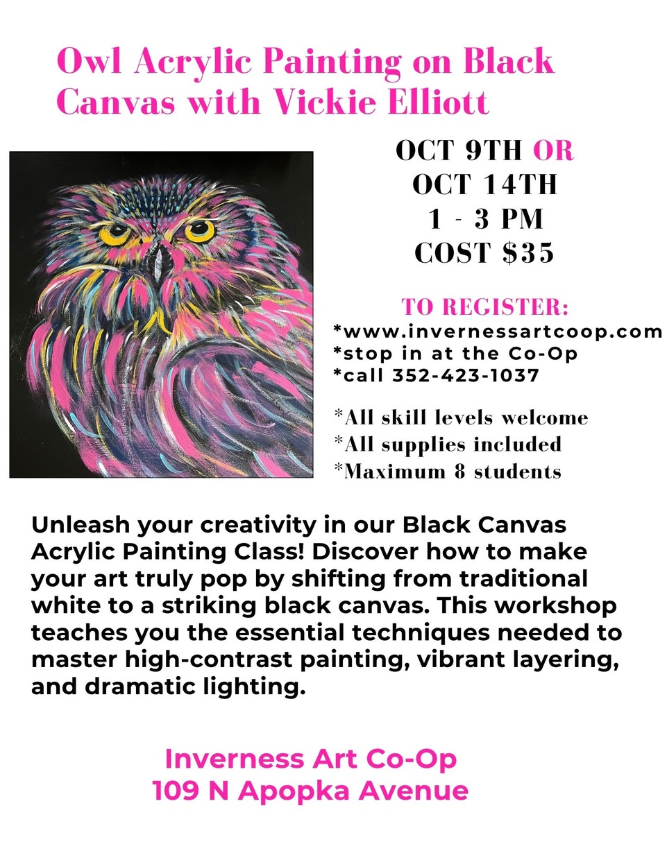 Acrylic Paint on Black Canvas - Owl